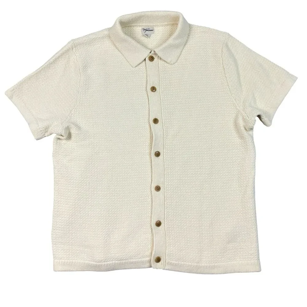 J Crew Polo Cardigan Mens L Cream Short Sleeve Cotton Waffle Knit Preppy CQ900